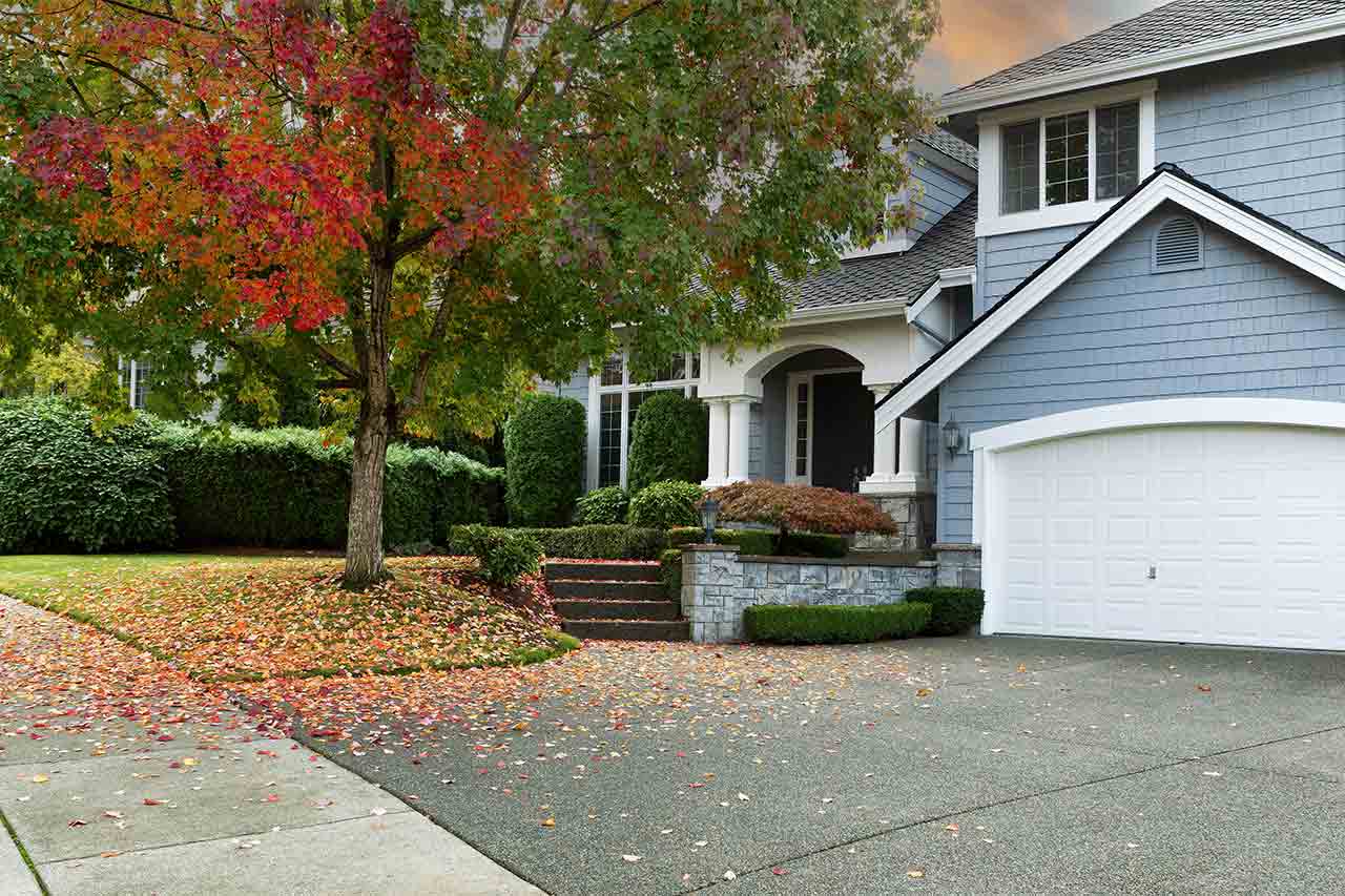 single family home with autumn tree in front yard