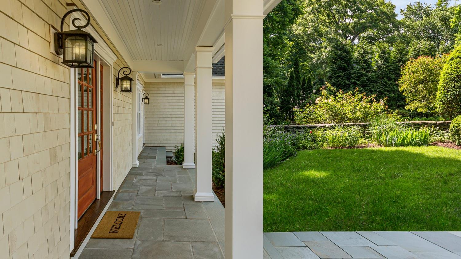 A beautiful front porch with an array of columns