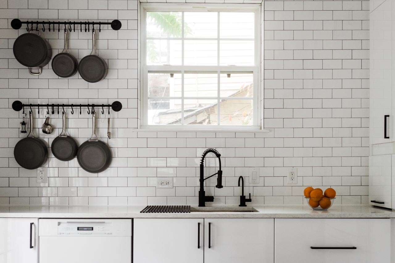 Kitchen sink with hanging pans